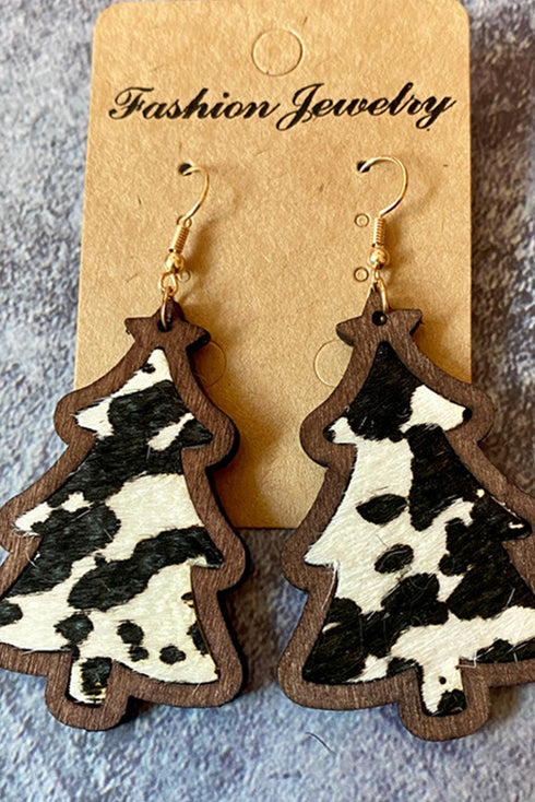 Western Cow Print Wooden Tree Dangle Earrings