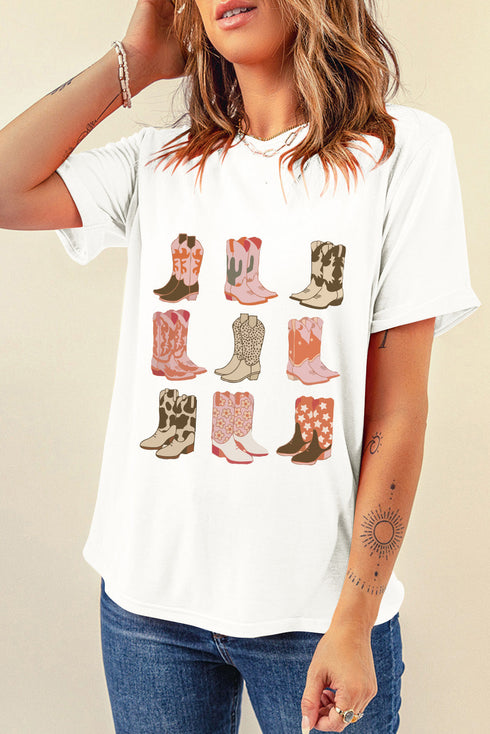 Western Cowboy Boot Graphic Print Short Sleeve Knit Tee