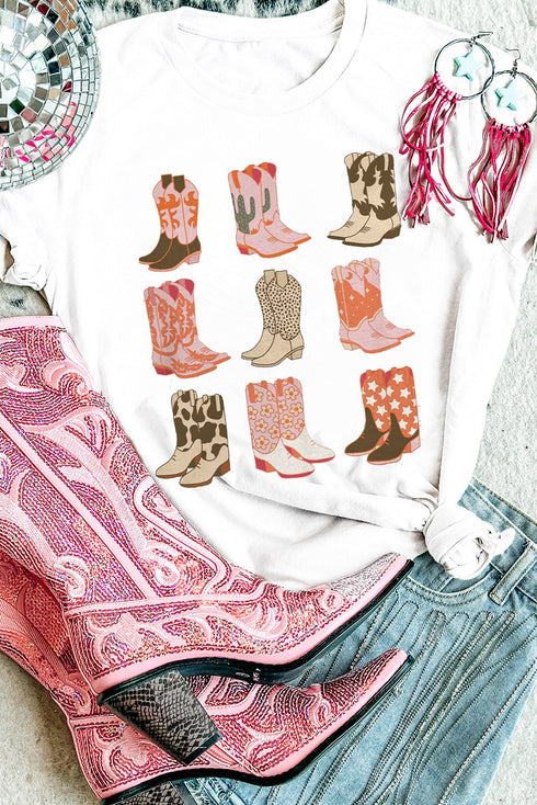Western Cowboy Boot Graphic Print Short Sleeve Knit Tee