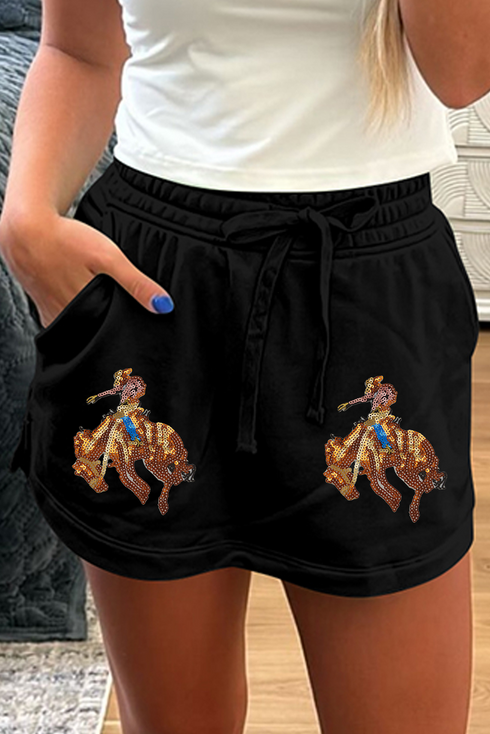 Western Cowboy Patched Sequin Lace Up High Waist Graphic Pants