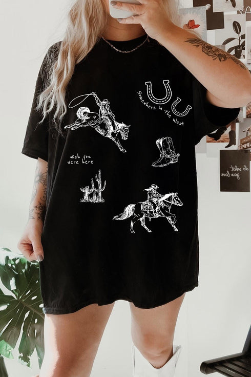 Western Cowboy Print Oversized Casual Tunic Graphic Tee
