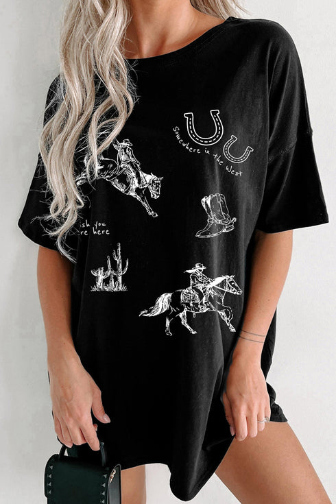 Western Cowboy Print Oversized Casual Tunic Graphic Tee