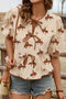 Western Cowboy Print Puff Sleeve Tiered Tie Front Peplum Blouse