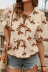 Western Cowboy Print Puff Sleeve Tiered Tie Front Peplum Blouse