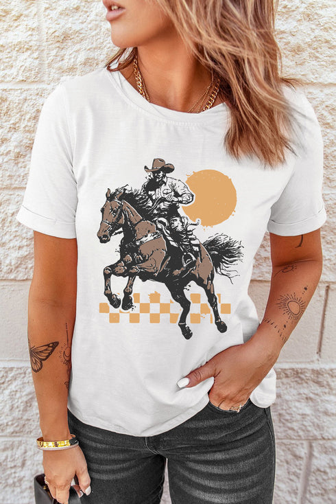 Western Cowboy Print Short Sleeve Crew Neck Graphic Tee