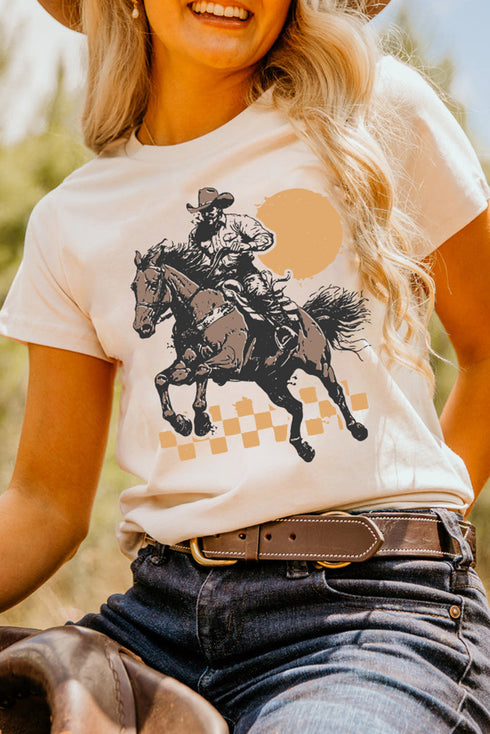 Western Cowboy Print Short Sleeve Crew Neck Graphic Tee