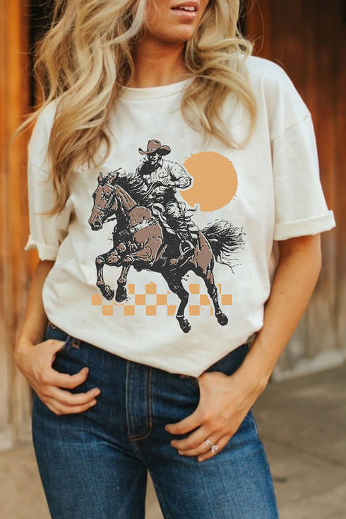 Western Cowboy Print Short Sleeve Crew Neck Graphic Tee