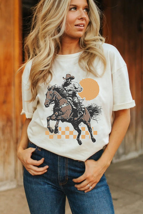 Western Cowboy Print Short Sleeve Crew Neck Graphic Tee