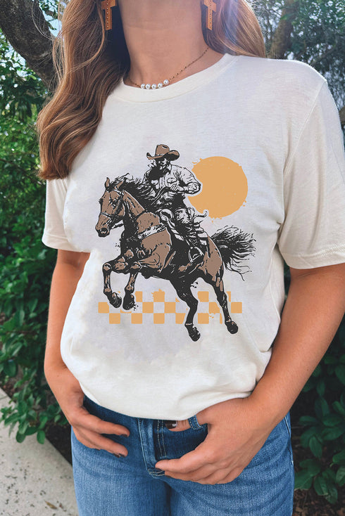 Western Cowboy Print Short Sleeve Crew Neck Graphic Tee