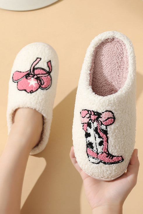 Western Cowgirl Boot And Hat Print Plush Fleece Slippers