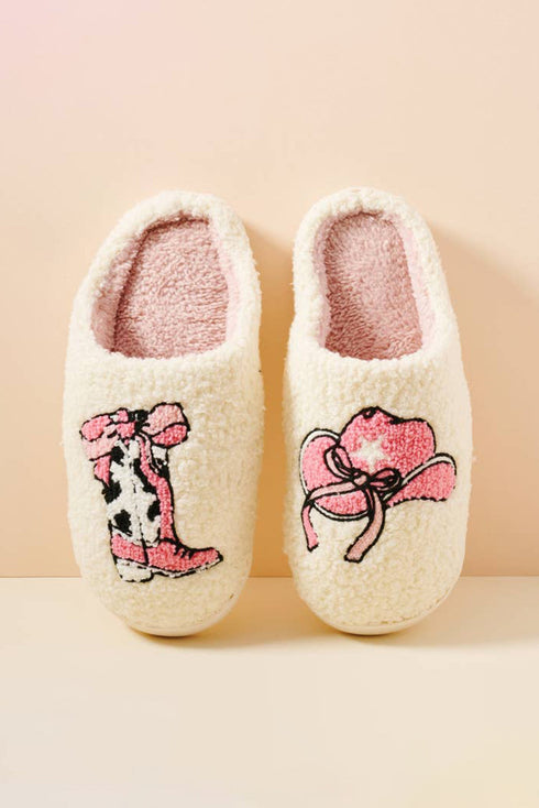 Western Cowgirl Boot And Hat Print Plush Fleece Slippers