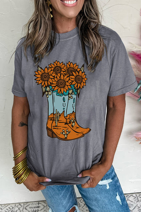 Western Cowgirl Boot Sunflower Graphic Crew Neck Tee