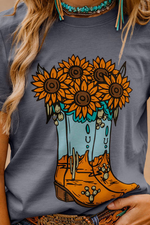 Western Cowgirl Boot Sunflower Graphic Crew Neck Tee