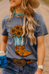 Western Cowgirl Boot Sunflower Graphic Crew Neck Tee