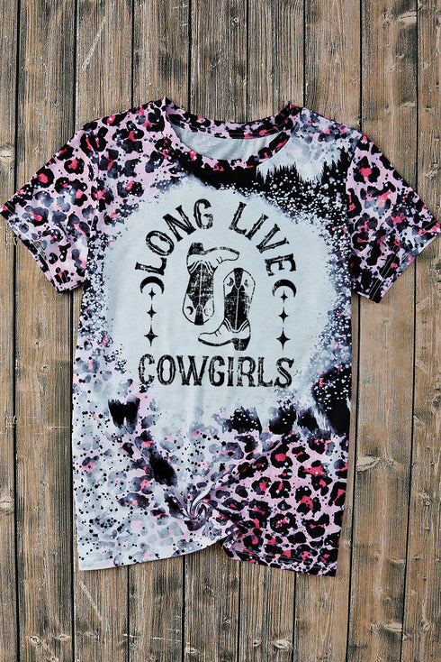 Western Cowgirl Boots Graphic Print Bleached Tee Shirt