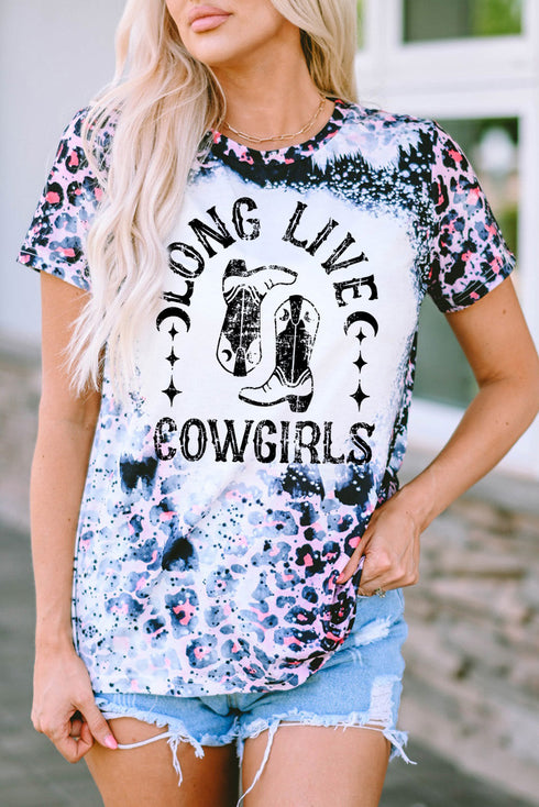 Western Cowgirl Boots Graphic Print Bleached Tee Shirt
