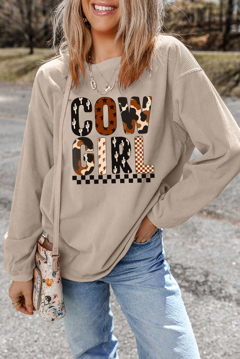 Western Cowgirl Graphic Ribbed Corded Crewneck Sweatshirt
