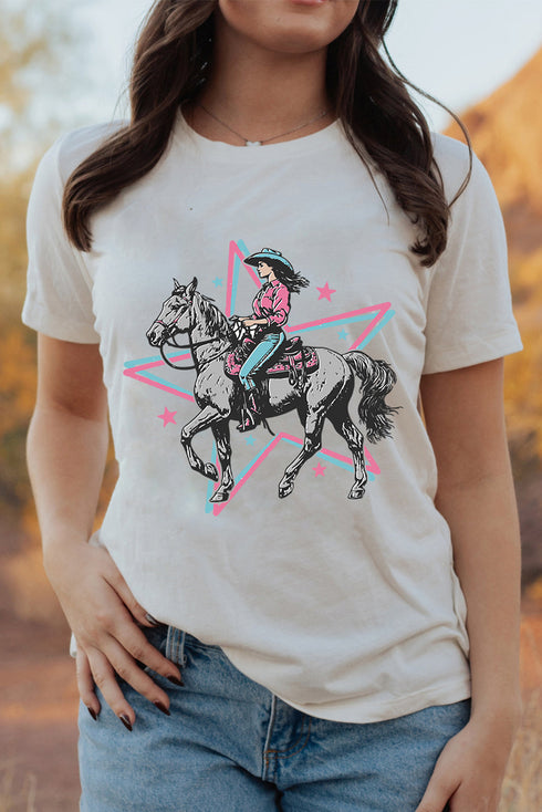 Western Cowgirl Graphic T Shirt With Layered Star Background