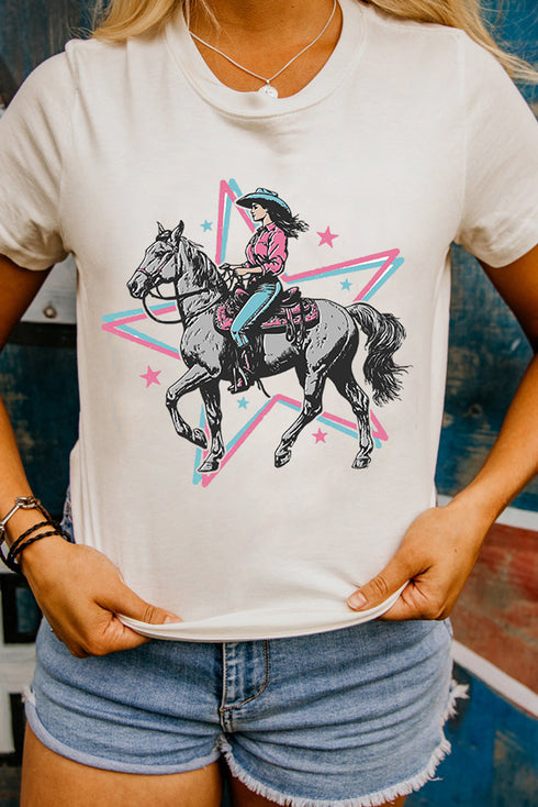 Western Cowgirl Graphic T Shirt With Layered Star Background