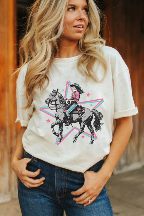 Western Cowgirl Graphic T Shirt With Layered Star Background