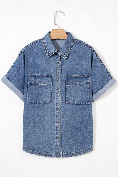 Western Denim Button Flap Pocket Cuffed Short Sleeve Shirt