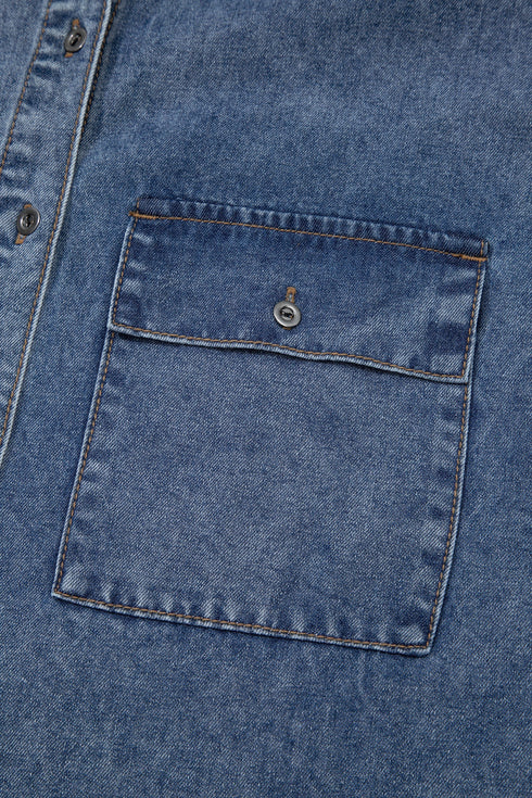 Western Denim Button Flap Pocket Cuffed Short Sleeve Shirt