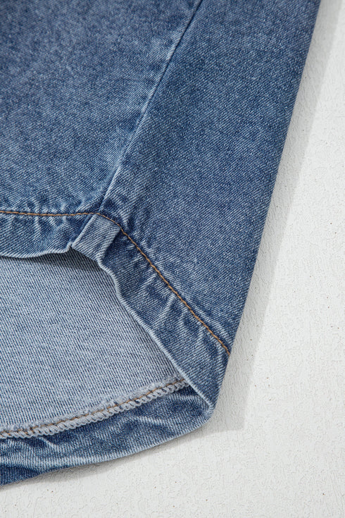 Western Denim Button Flap Pocket Cuffed Short Sleeve Shirt