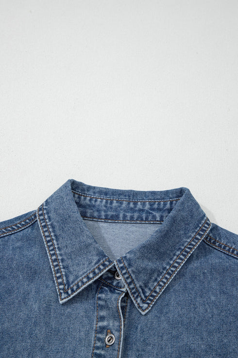 Western Denim Button Flap Pocket Cuffed Short Sleeve Shirt