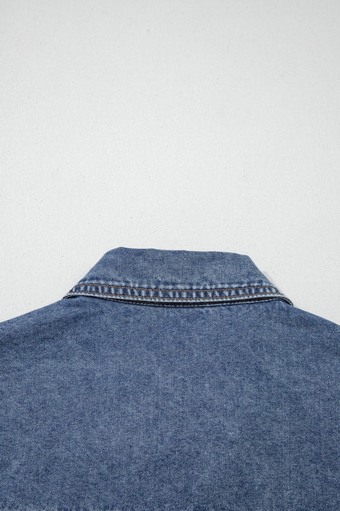 Western Denim Button Flap Pocket Cuffed Short Sleeve Shirt