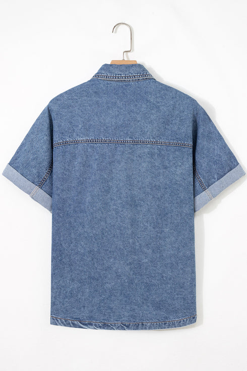 Western Denim Button Flap Pocket Cuffed Short Sleeve Shirt