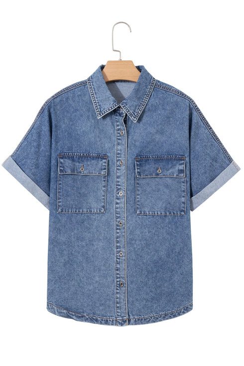 Western Denim Button Flap Pocket Cuffed Short Sleeve Shirt