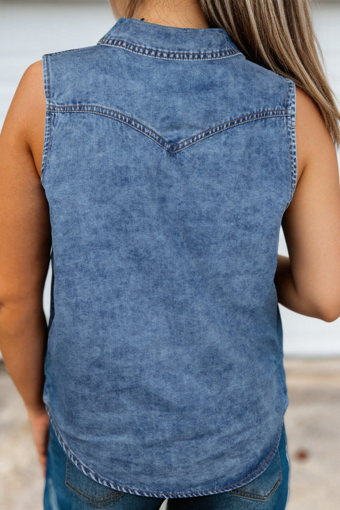 Western Denim Collared Button Front Sleeveless Tank Top
