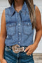 Western Denim Collared Button Front Sleeveless Tank Top