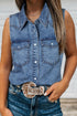 Western Denim Collared Button Front Sleeveless Tank Top