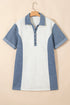 Western Denim Patchwork Blocked Polo T Shirt Dresses