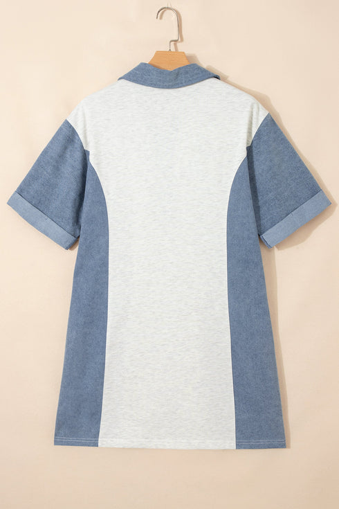 Western Denim Patchwork Blocked Polo T Shirt Dresses