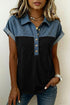 Western Denim Patchwork Button Front Polo Top