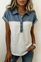 Western Denim Patchwork Button Front Polo Top