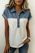 Western Denim Patchwork Button Front Polo Top