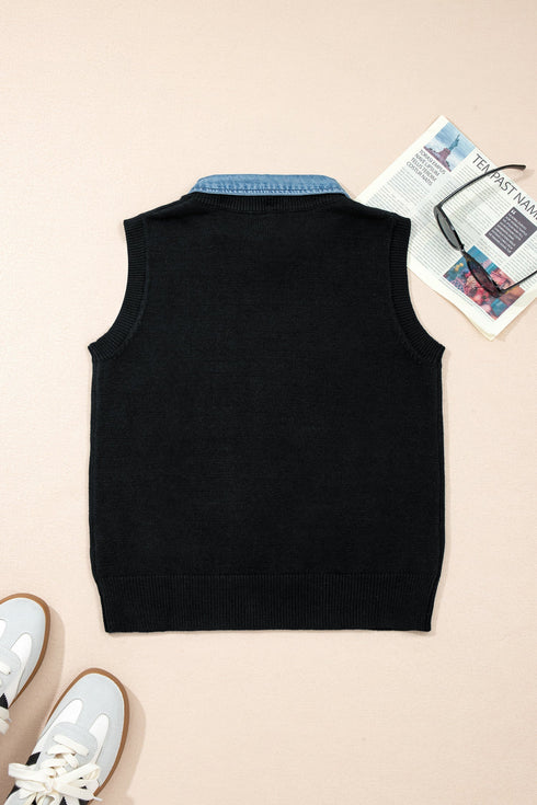 Western Denim Patchwork Collar Knit Sweater Vest