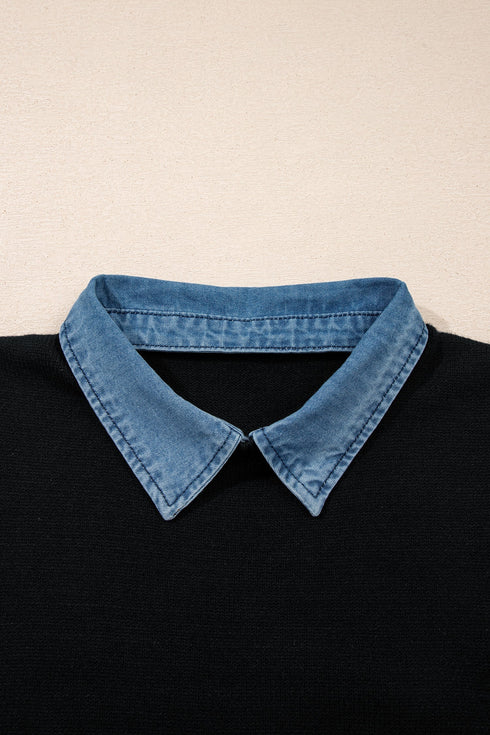 Western Denim Patchwork Collar Knit Sweater Vest