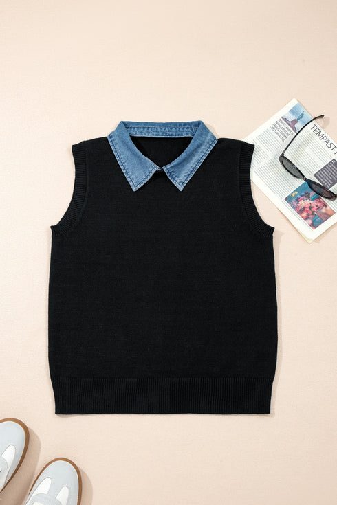 Western Denim Patchwork Collar Knit Sweater Vest