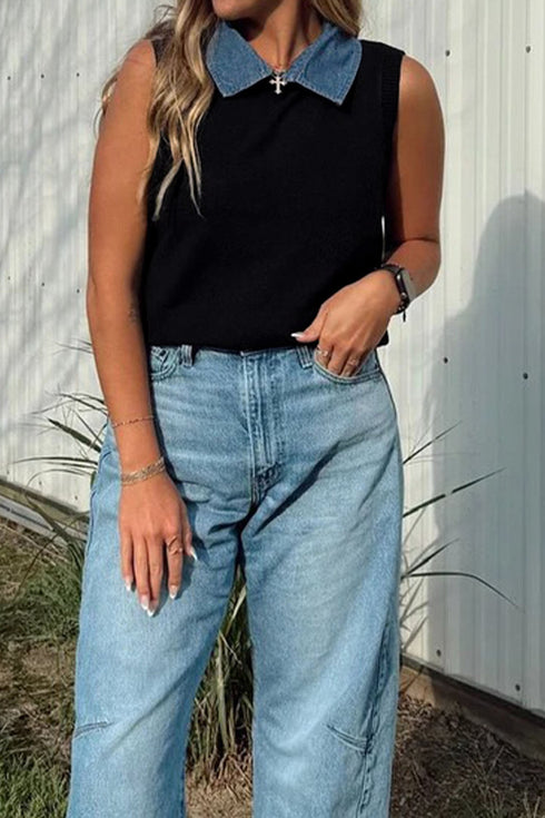 Western Denim Patchwork Collar Knit Sweater Vest