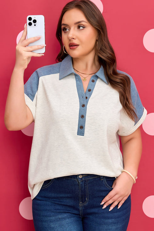 Western Denim Patchwork Cuffed Sleeve Polo Tee