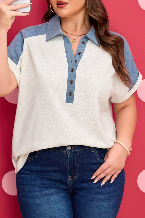 Western Denim Patchwork Cuffed Sleeve Polo Tee
