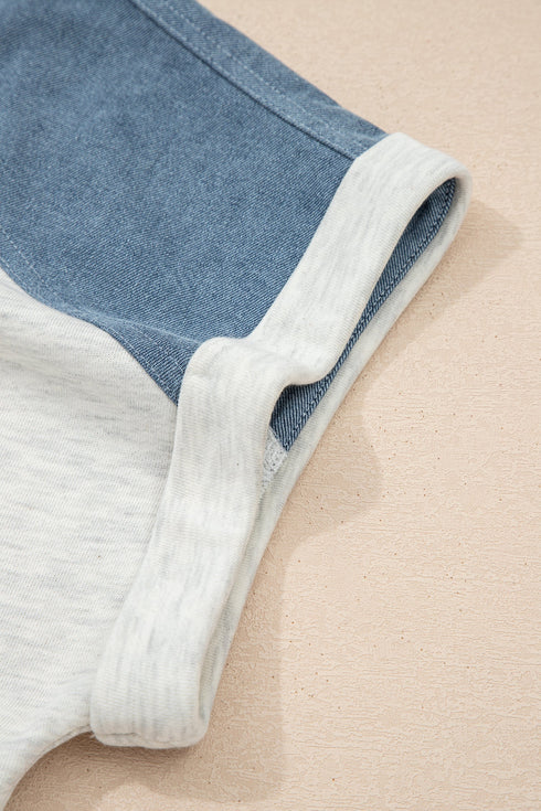 Western Denim Patchwork Cuffed Sleeve Polo Tee