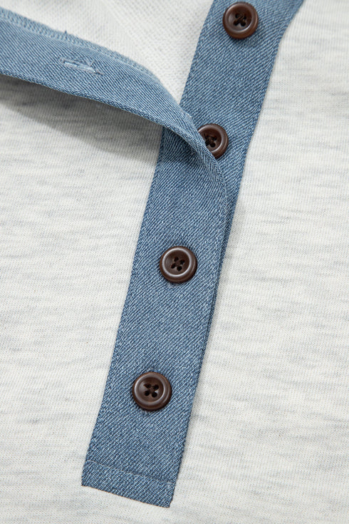 Western Denim Patchwork Cuffed Sleeve Polo Tee