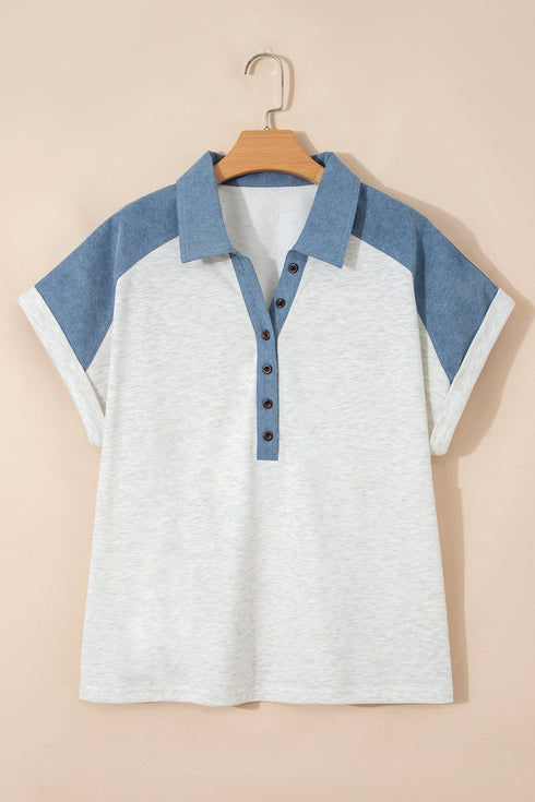 Western Denim Patchwork Cuffed Sleeve Polo Tee