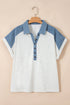 Western Denim Patchwork Cuffed Sleeve Polo Tee