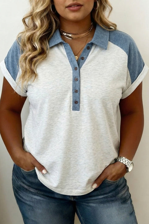 Western Denim Patchwork Cuffed Sleeve Polo Tee